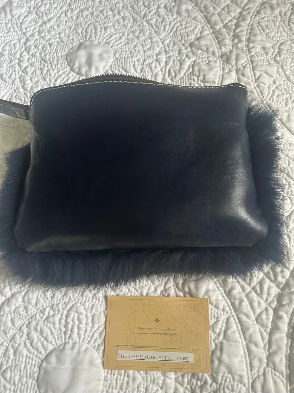 Patricia Nash Italian Leather Rabbit Fur Wristlet in Navy Blue